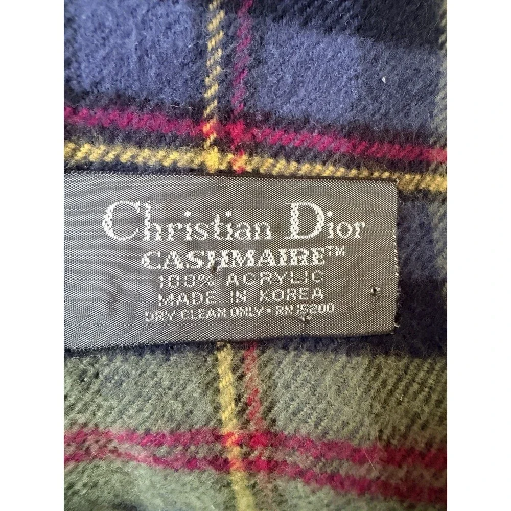 CHRISTIAN DIOR Cashmaire Acrylic Scarf Fringed Tartan Plaid Made In Korea 54x12